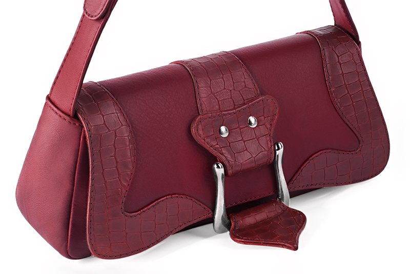 Burgundy red women's dress handbag, matching pumps and belts. Front view - Florence KOOIJMAN